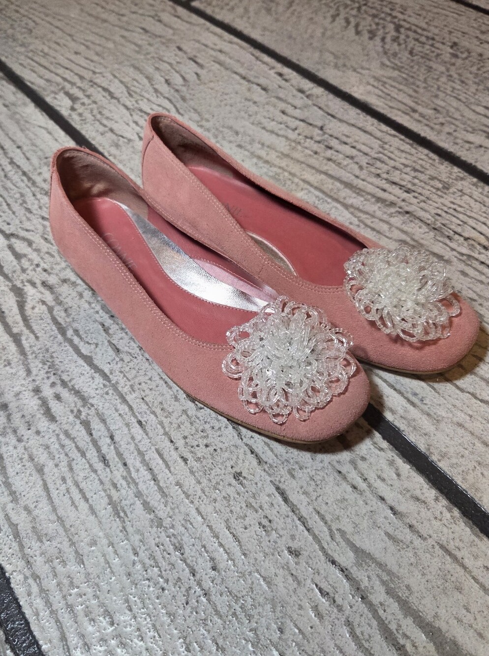 Connie Women's Pink Leather Ballet Flats with Decorative Flower Size 7